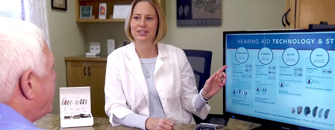 Dr. Linda consulting with a patient about hearing aids.